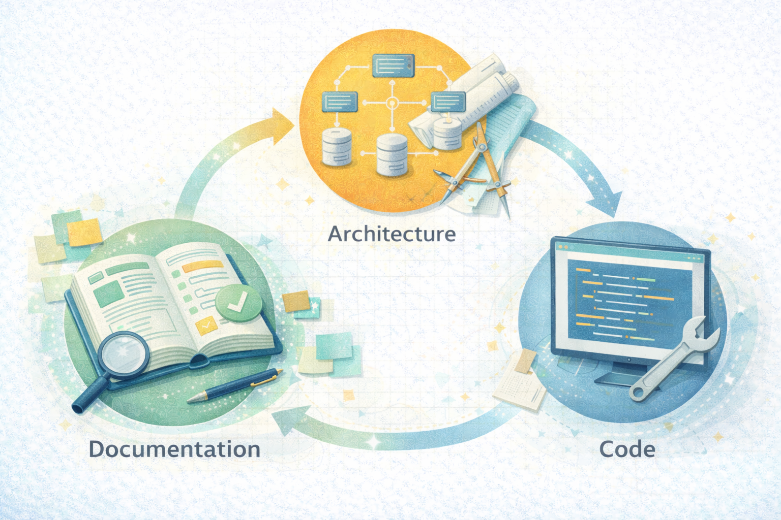 Design process showing documentation alongside architecture and code
