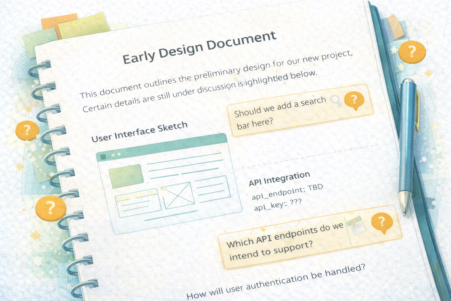 Early design document with open questions highlighted