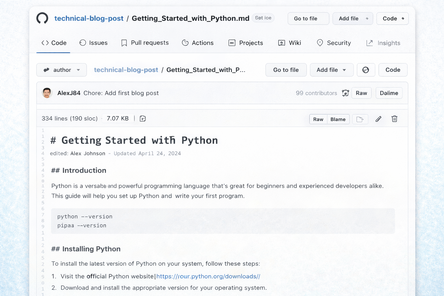 Markdown file of a technical blog post in a Git repository